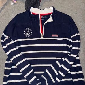 Vineyard Vines Men's Navy and White Striped Zip-Up Sweater